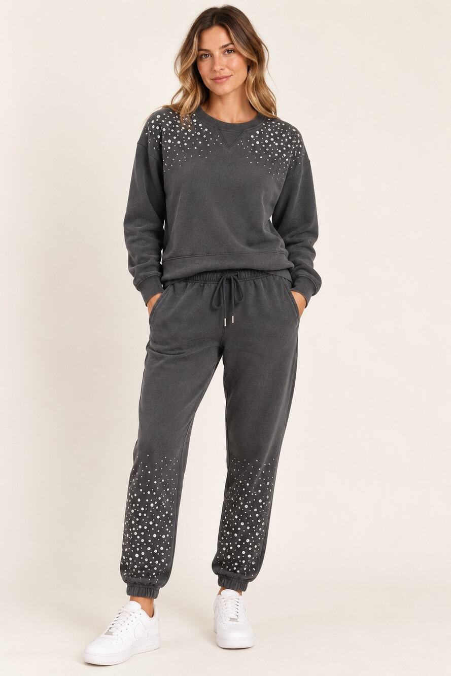 Wildfox Charcoal Gray Rhinestone Sweatshirt Jogger Matching Set Small